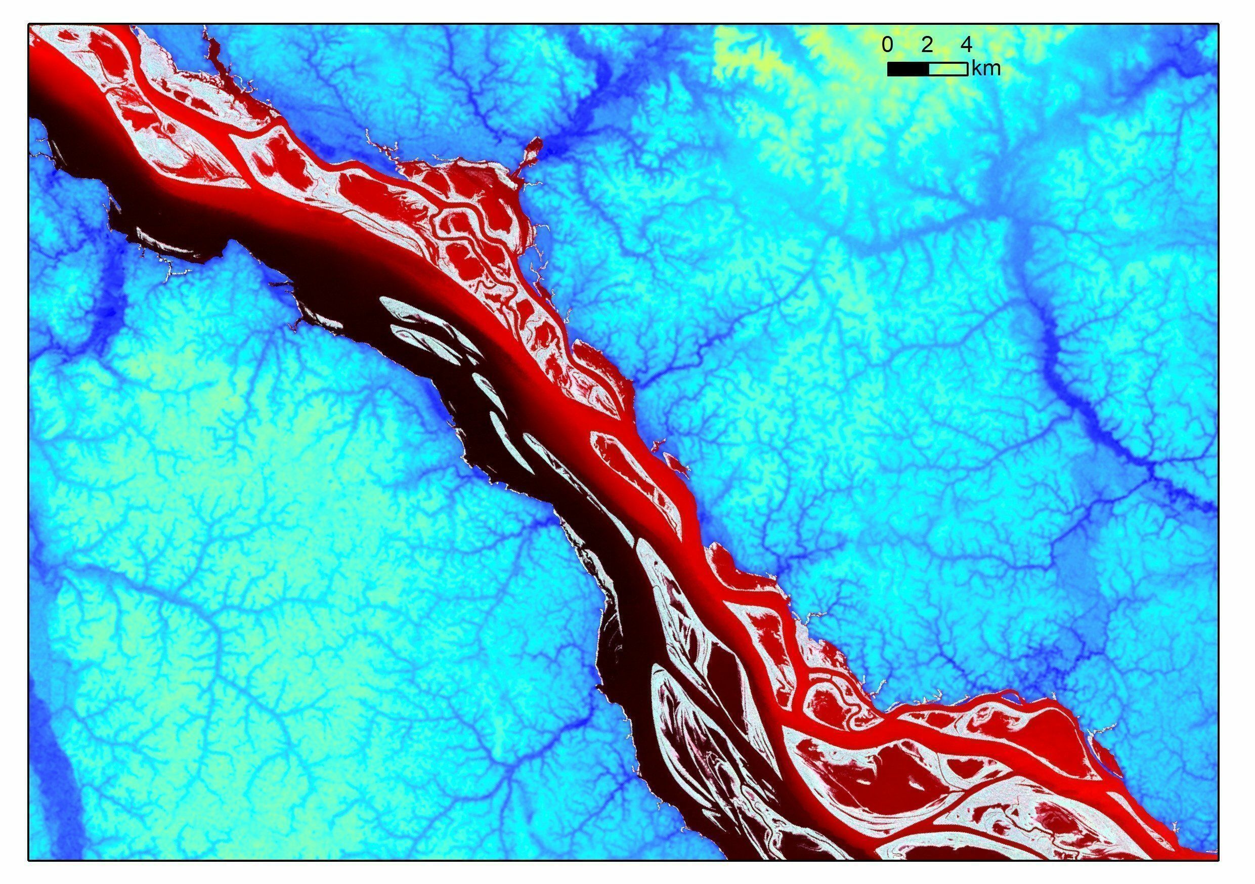 O Hidrossistema de Anavilhanas (Foto de satélite - Novo Airão, 30 de julho de 2017). Clique na imagem para ver localização no mapa do Amazonas